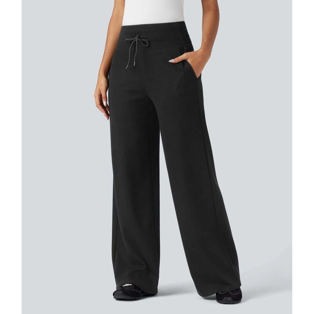 Halara Ribbed Knit Tummy Control Wide Leg Pants Pockets Black NWT XL Petite - Picture 3 of 16